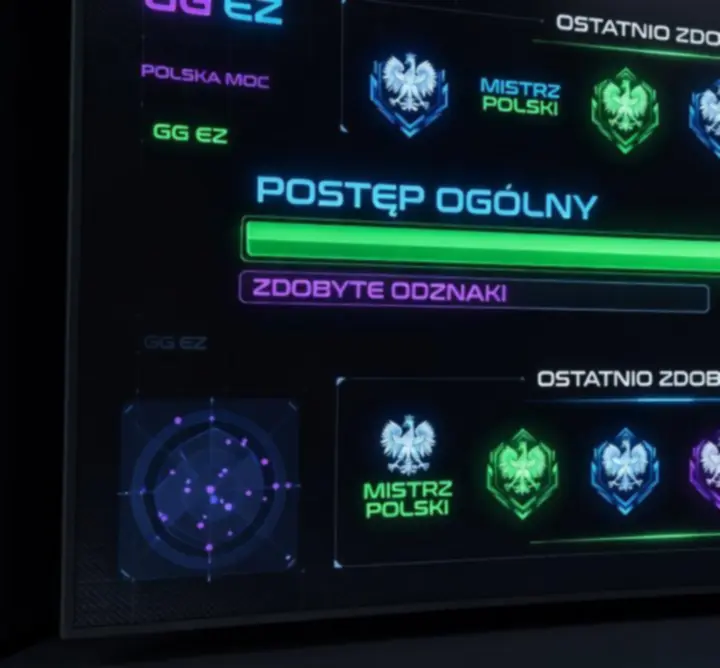 Neonowa tablica osiągnięć gracza z wyróżnionymi odznakami