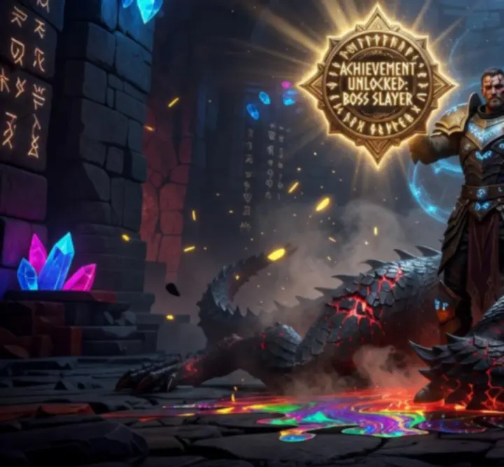 Scena walki z bossem fantasy z wyróżnionymi odznakami osiągnięć
