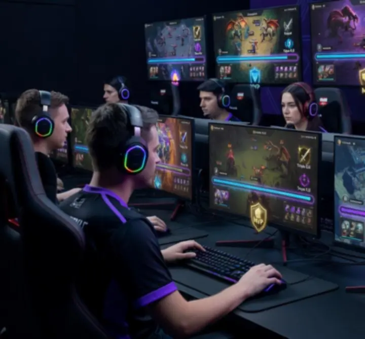 Widok futurystycznego lobby multiplayer z drużynami graczy i interfejsem gry
