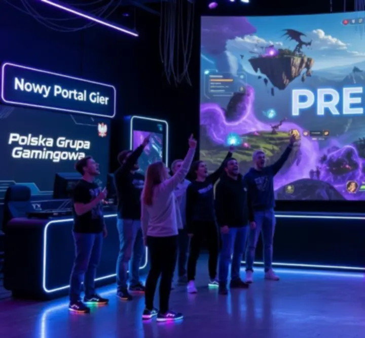 Dynamiczna scena premiery gry: futurystyczne pole bitwy w neonowych barwach z bohaterami fantasy i elementami HUD