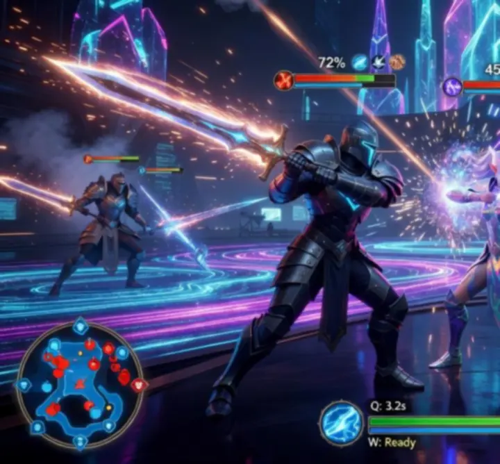 Zrzuty ekranu z dynamicznego gameplayu prezentujące interfejs i akcję w grze