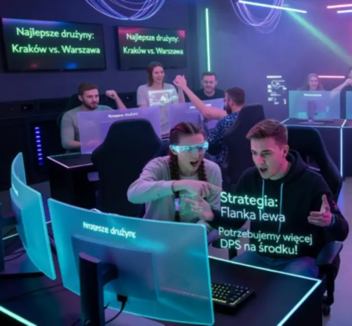 Społeczność graczy siedzących przed monitorami w futurystycznym neonowym studio