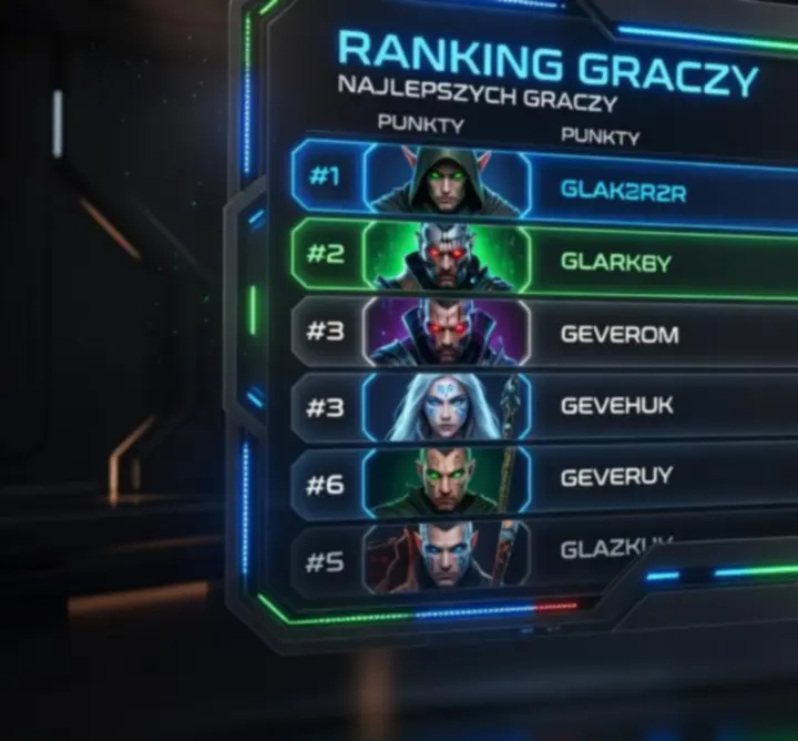 Panel rankingowy z neonowym leaderboardem graczy