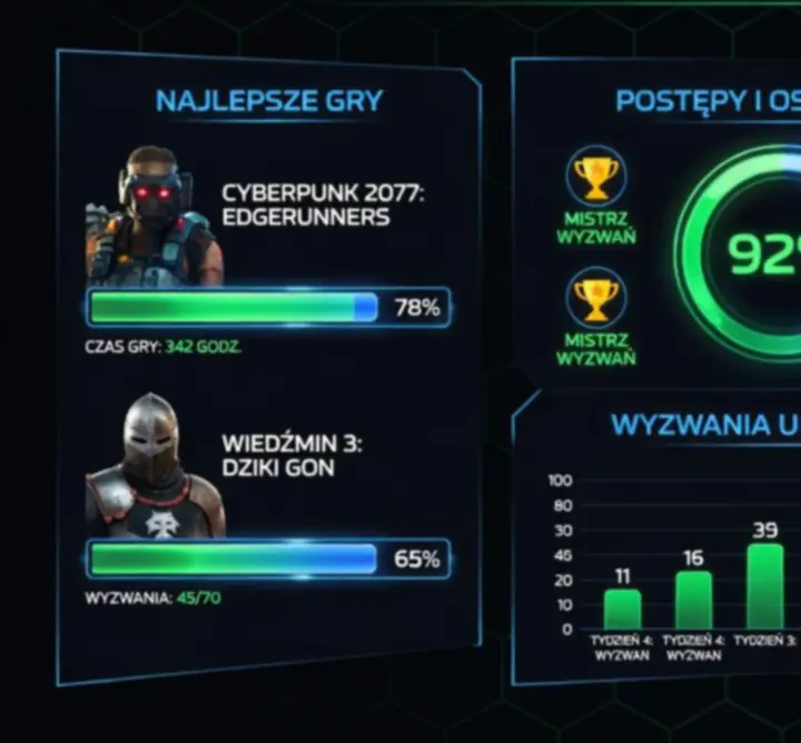 Panel statystyk platformy gamingowej z wykresami aktywności, rankingami graczy i neonowym interfejsem