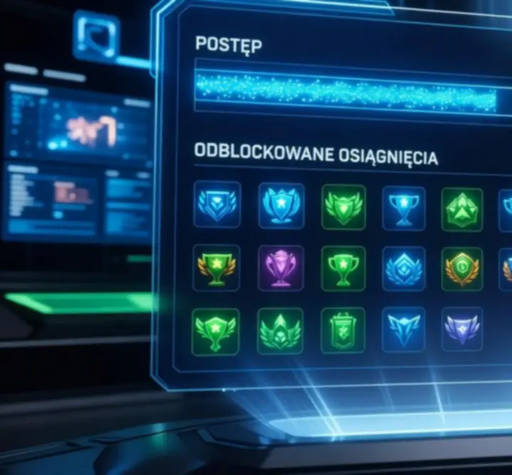 Futurystyczny pulpit systemu nagród prezentujący punkty, trofea i pasek postępu gracza